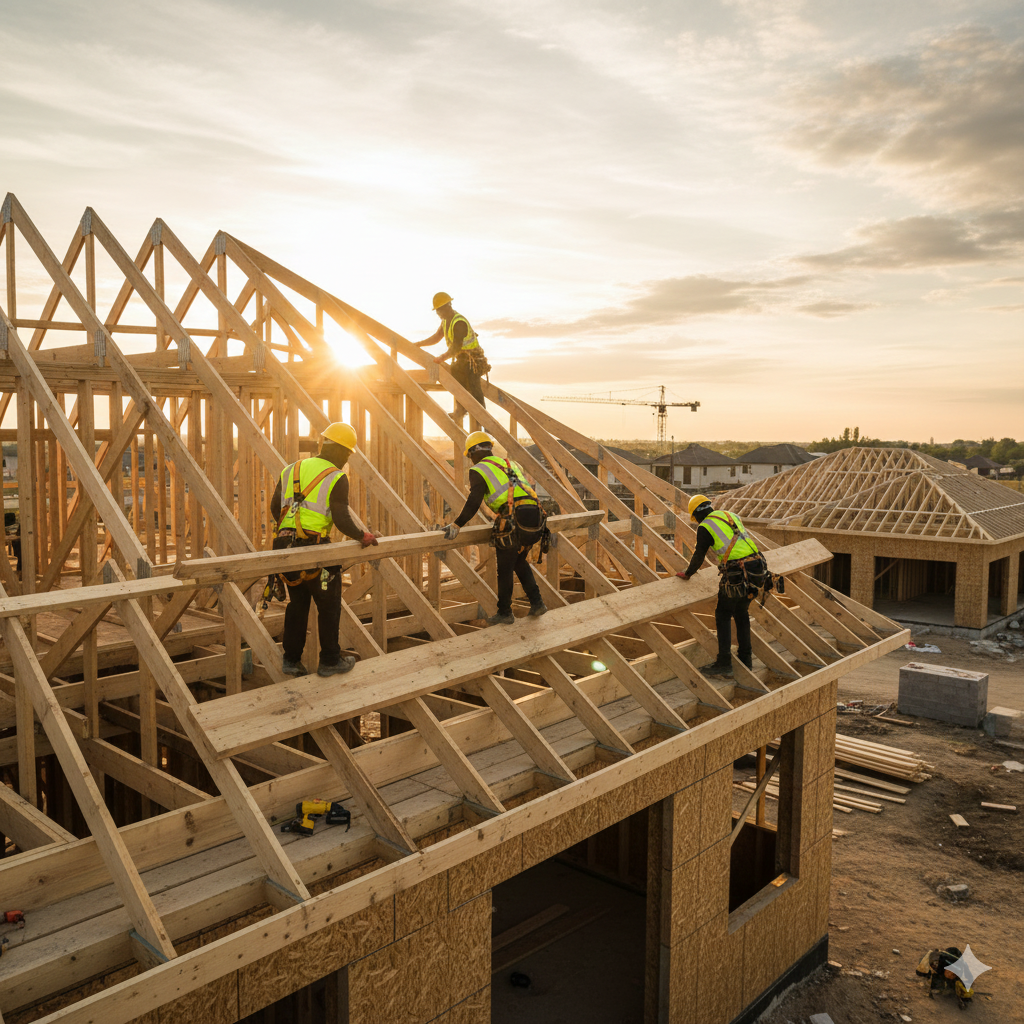 Workers completing roofing work on a building